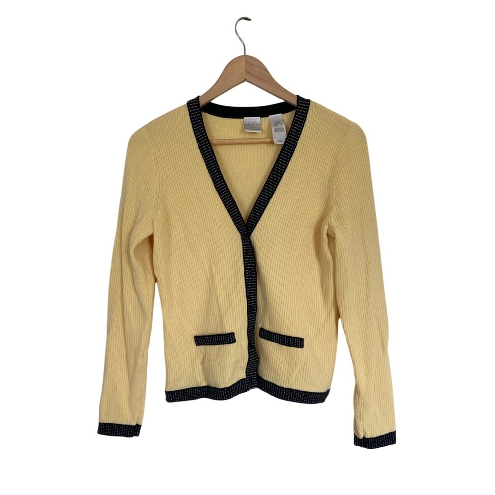 Emma James Yellow Ribbed V-Neck Button Front Cardigan Contrast Trim Size LP